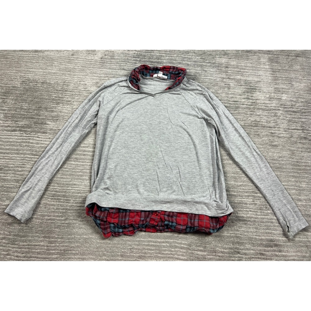 DREW Top Womens Medium Gray Red Plaid Layered Look Long Sleeve Knit USA Made